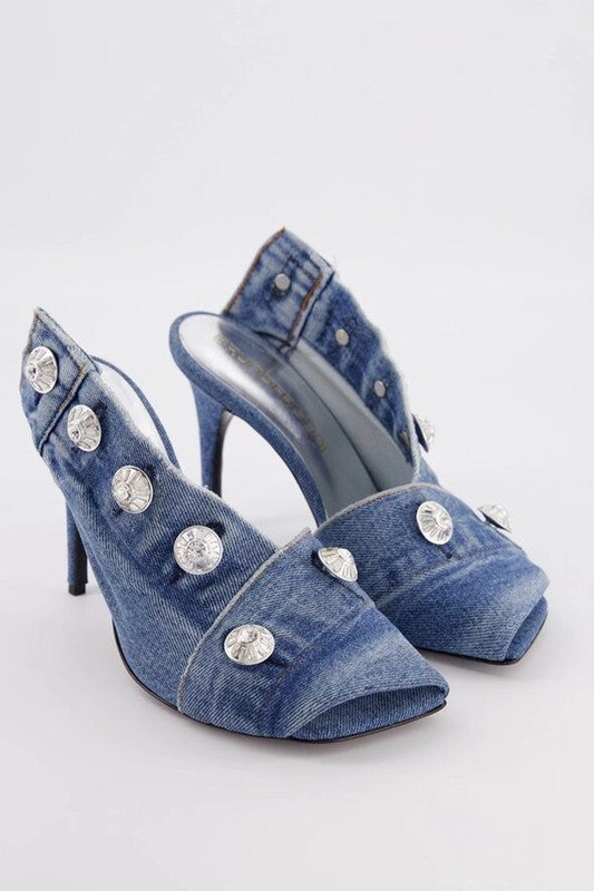 Peep Toe Denim Mules