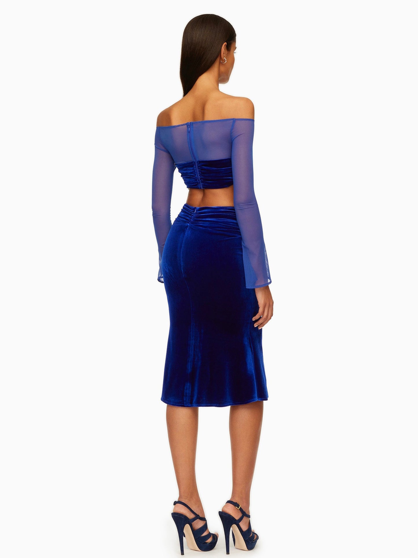 Long Sleeve Mesh Crop Top with Velvet Skirt