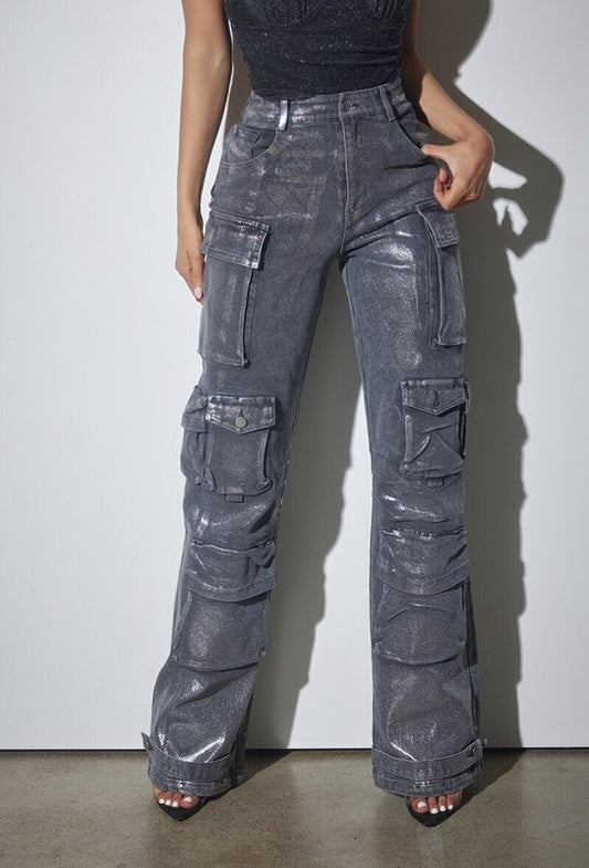 Black Metallic Cargo Denim